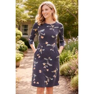 Joules Floral Dress Beth Jersey Ponte Gray Sz 14 Pockets 3/4 Sleeve NWT